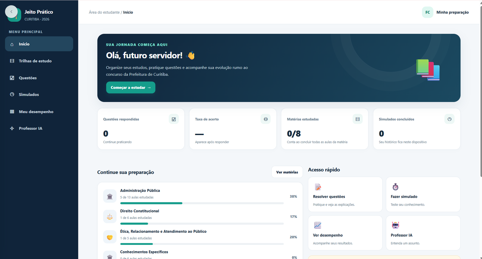 Tela inicial da plataforma Jeito Prático Concursos