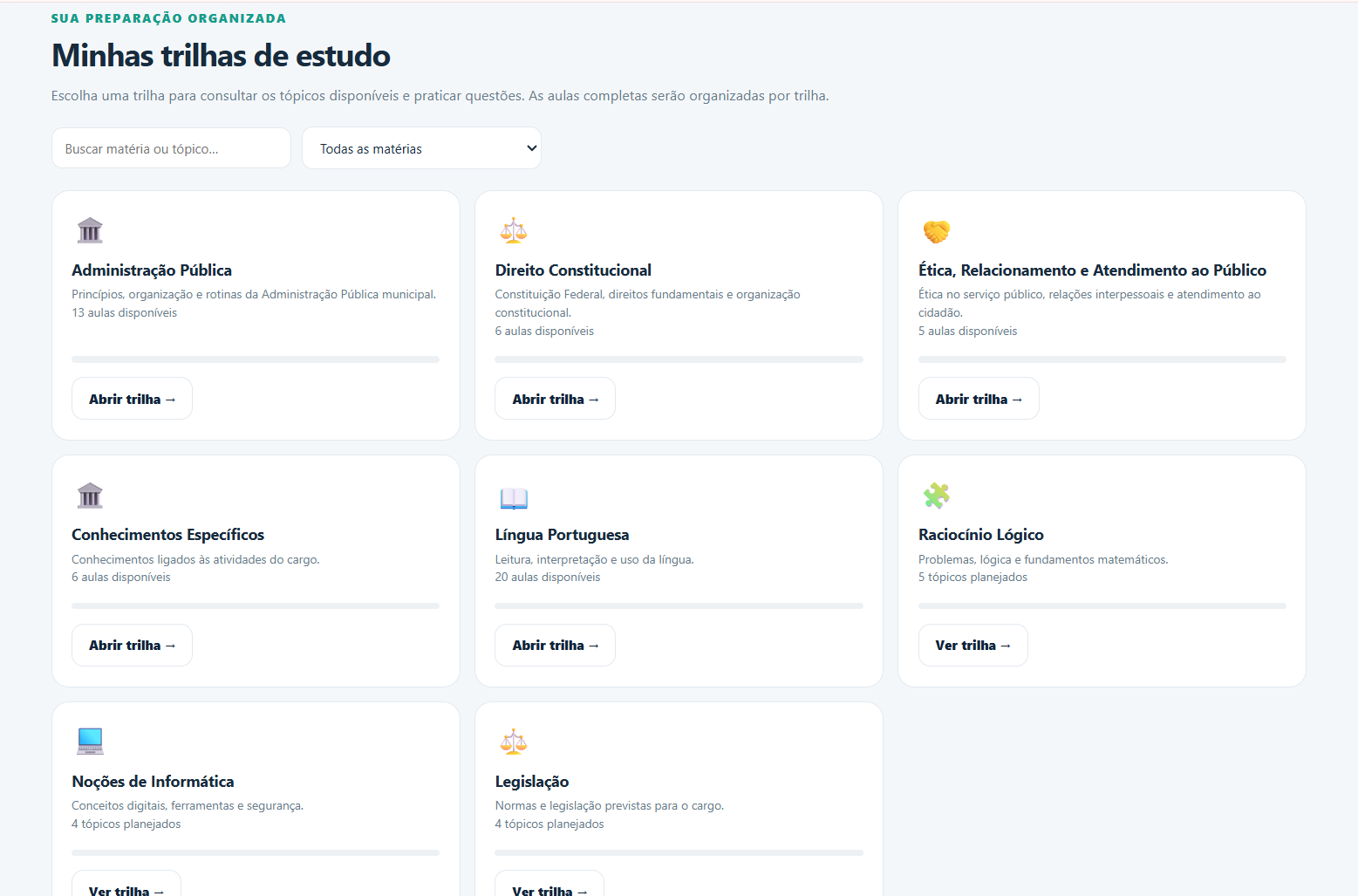 Trilhas de estudo da plataforma
